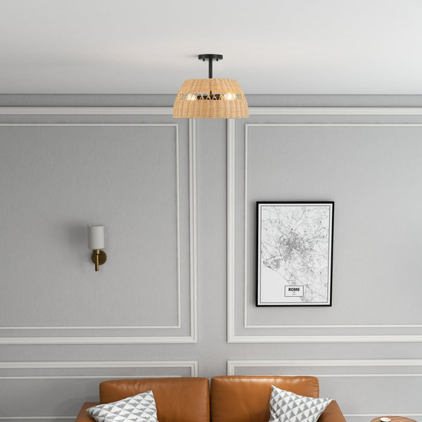 Twinkle - Double Lights Semi Flush With Shade - Black / Rattan