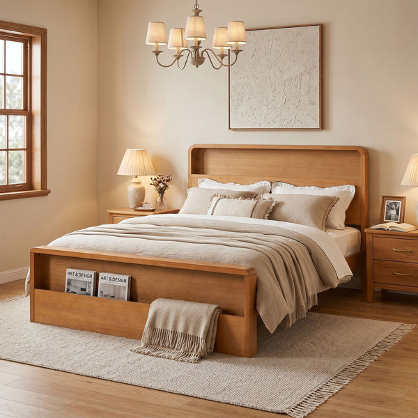 Queen Bed Frame With Dual Open Storage Headboard And Footboard, No Box Spring Needed - Light Brown