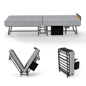 Twin Folding Bed With Headboard & USB Charging Station - Gray