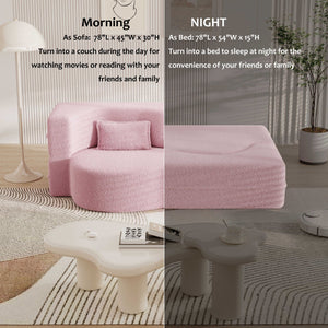 Modern Floor Sofa, With 2 Pillows, Convertible Teddy Fabric Foam Filled Bed