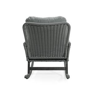 Modern 3 Piece Outdoor Seating Set With Cushioned Rattan Rocking Chairs And Wooden Accent Table