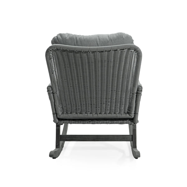 Modern 3 Piece Outdoor Seating Set With Cushioned Rattan Rocking Chairs And Wooden Accent Table