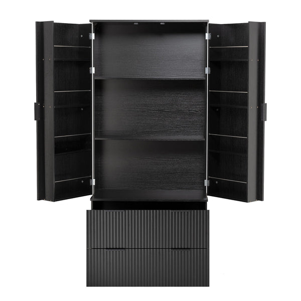 Fluted Kitchen Pantry Cabinet With 2 Large Drawers & 8 Door Spice Rack Freestanding Storage Organizer - Black