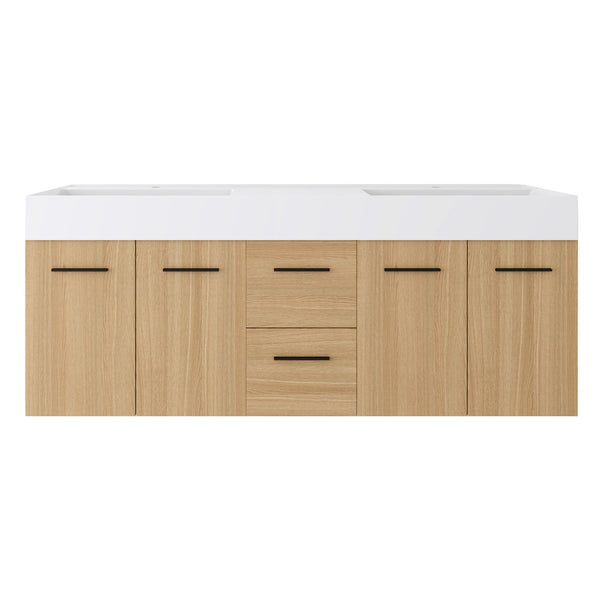 Floating Double Sink Bathroom Vanity With Drawers And Doors, Extra Large Storage, Integrated Sink, Soft Close Hardware - Glossy White / Light Oak