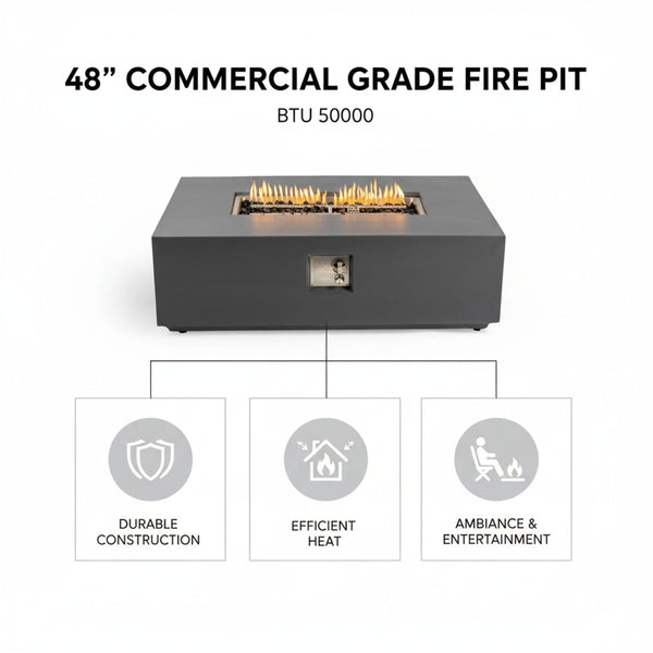 Volon - Rectangular Fire Pit Table, Propane Powered, 50,000 BTU - Light Gray