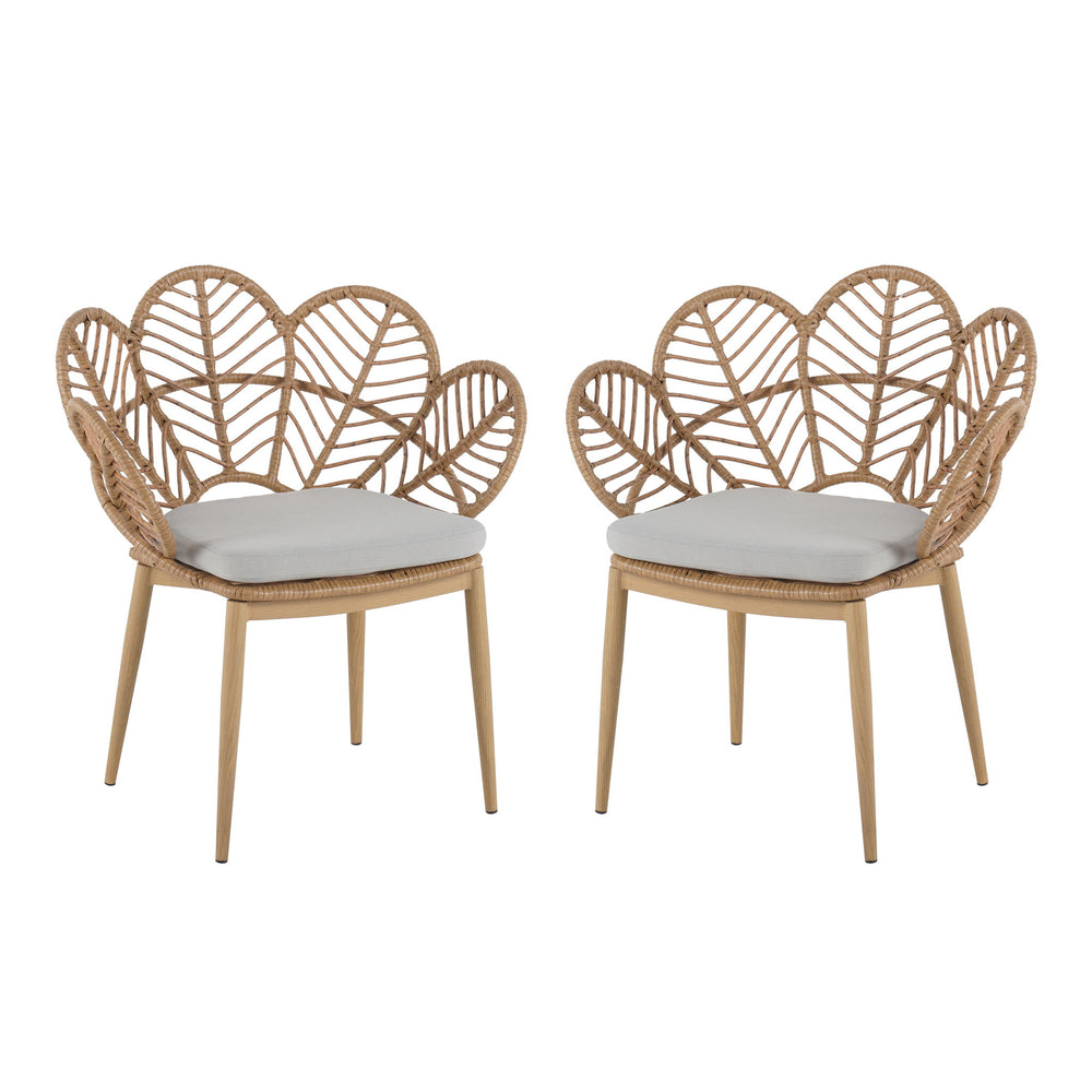 Kirk - Outdoor Wicker Peacock Shape Papasan Style Chair, Teak Finished Leg (Set of 2) - Beige / Light Brown / Light Teak