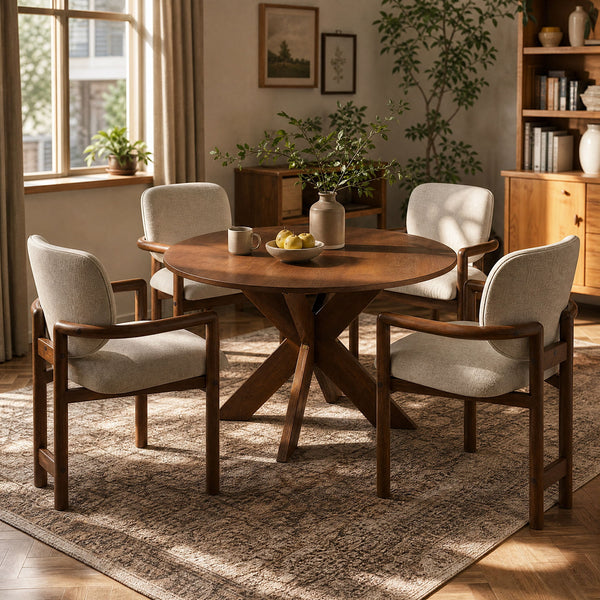 5 Piece Indoor Dining Set, Round Table & 4 Brown Arm Chairs - Beige / Brown / Cherry