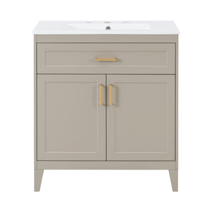 30" Bathroom Vanity With Sink Top, Soft Close Double Doors & Tip Out Drawer, Adjustable Interior Shelf, Door Mounted Organizers - Beige