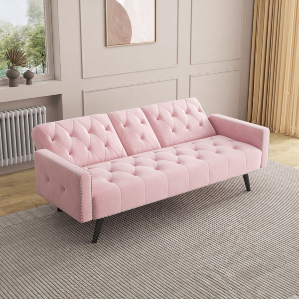 Sofa Bed With Nail Head Trim And Cup Holders - Pink