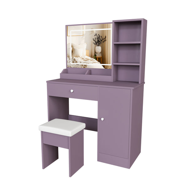 Vanity Desk Set With Padded Stool & Adjustable LED Mirror, 3 Color Mode Lighting, Compact For Bedroom - Purple