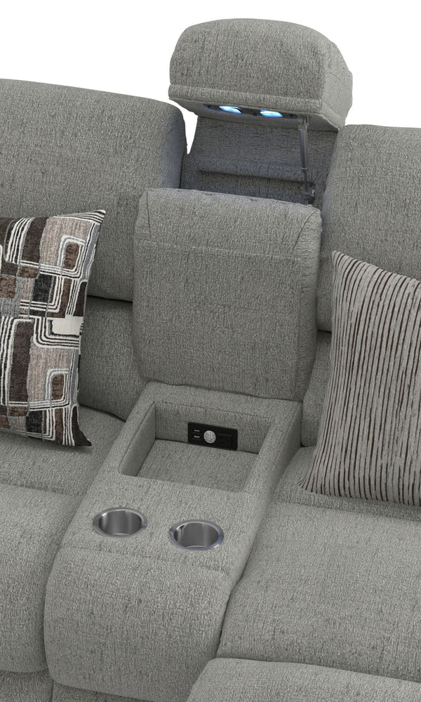 Quinn - 3 Piece Reclining Sectional With 4 Reclining Seats, Storage Arms, Storage Console With Lights, And Drop Down Table - Nature