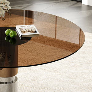 Round Dining Table With Tempered Glass Top - Brown