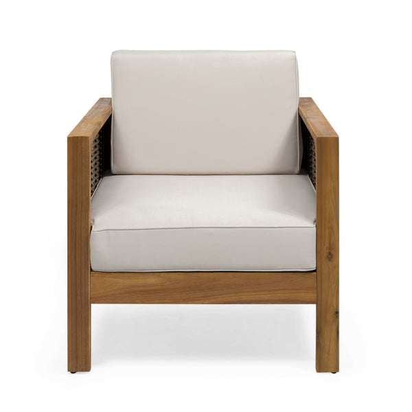 Outdoor 4 Seater Acacia Wood Chat Set With Wicker Accents And Cushions - Teak / Mixed Brown / Beige