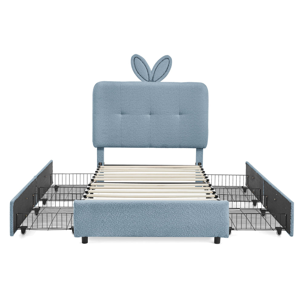 Upholstered Bed With Oversized Rabbit Ear Headboard, LED Lights & 4 Storage Drawers