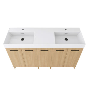 Double Sink Bathroom Vanity With Extra Large Storage, Integrated Sink, Freestanding Cabinet, Soft Close Doors - Glossy White / Light Oak