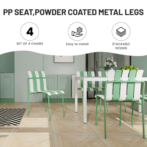4 Piece Set Of Color Block Designed Single Chairs & Round Table - Cream White / Haze Green / White