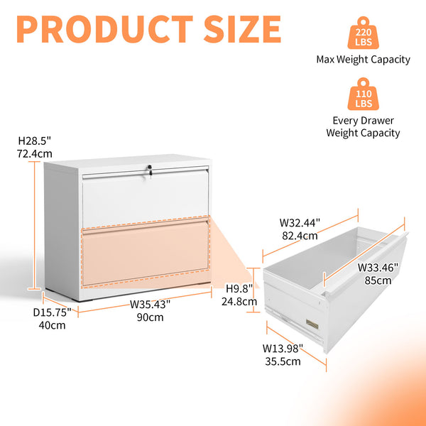 Lateral File Cabinet 2 Drawer, Locking File Cabinet With Anti Tip Interlock, Heavy Duty Storage For Letter / Legal / A4 Files - White