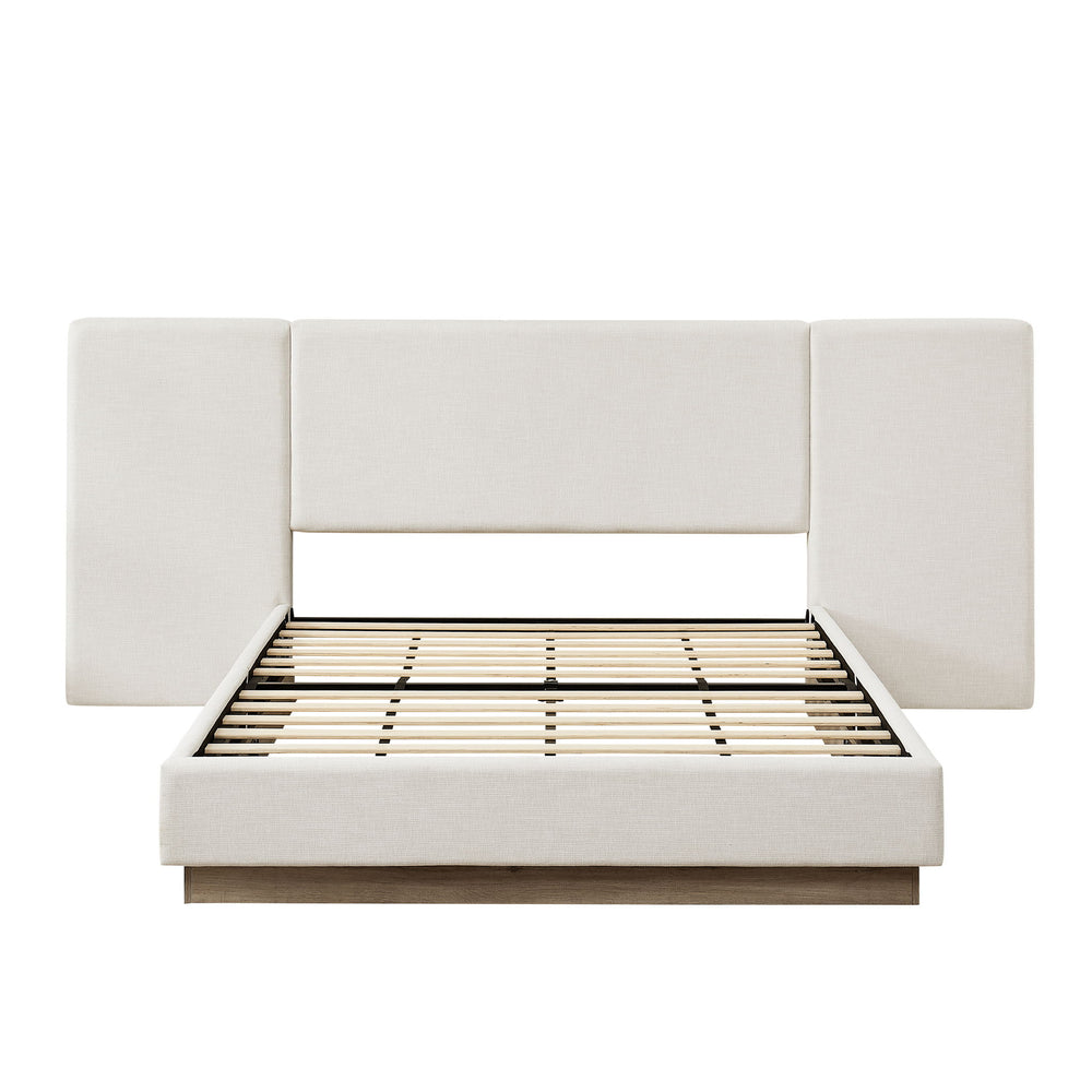 Muse - Queen Upholstered Platform Bed Frame - Ivory / Light Gray / Camel Oak