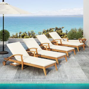 Versatile Chaise Lounge With Wheels Acacia Wood Recliner For Patio - Cream