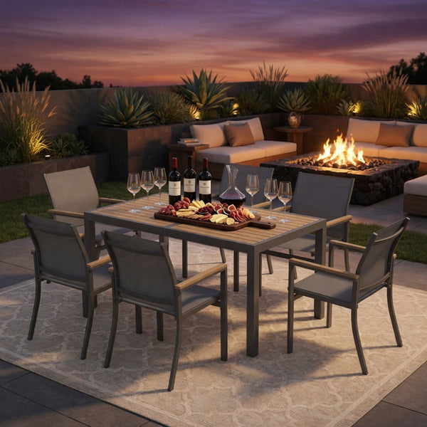 7 Piece Gray Aluminum Patio Dining Set With Textilene Chairs For Outdoor Living Frame With Accents, 59" Rectangle Table, All Weather Durable