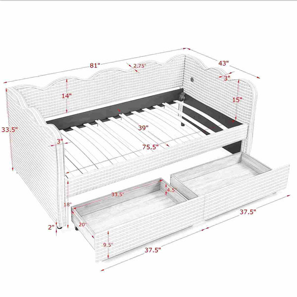 Gingham Daybed With USB Charging Port, Wave-Shaped Design