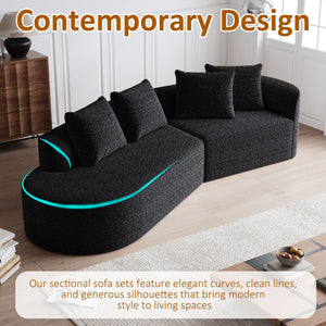 Upholstered Oversized Sectional Sofa, 4 Seater Extra Deep & Wide Seat Curved Cloud Couch With 4 Throw Pillows, Free Combination Living Room - Black