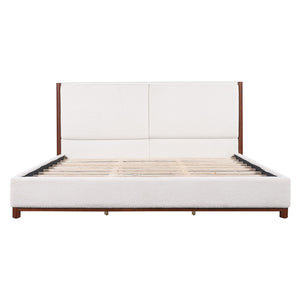 King Upholstered Bed Frame, No Box Spring Needed - Walnut / White
