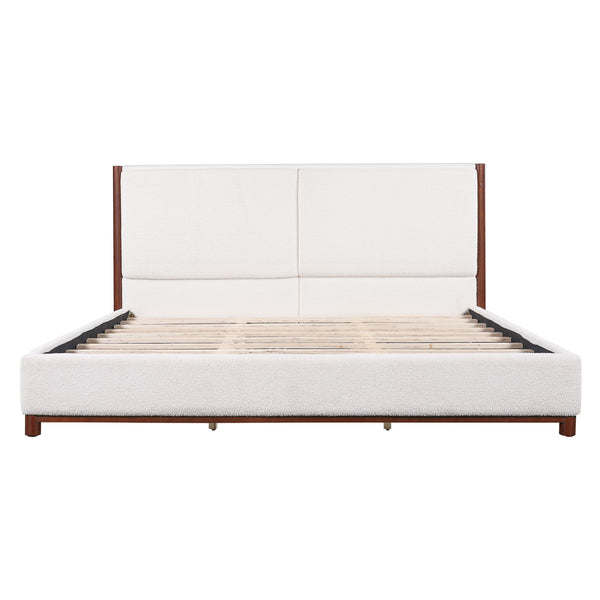 King Upholstered Bed Frame, No Box Spring Needed - Walnut / White