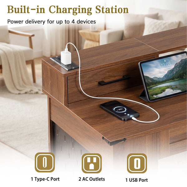 Office Desk With Storage Cabinet, Charging Station, Monitor Stand & Pegboard