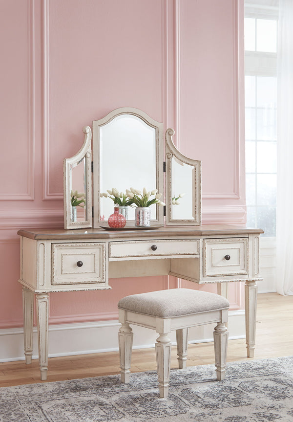 Realyn - Vanity/Mirror/Stool (Set of 3) - White / Brown / Beige