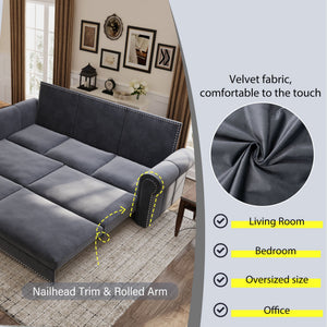 3 In 1 Convertible Sleeper Sofa With Nailhead Trim & Rolled Arm