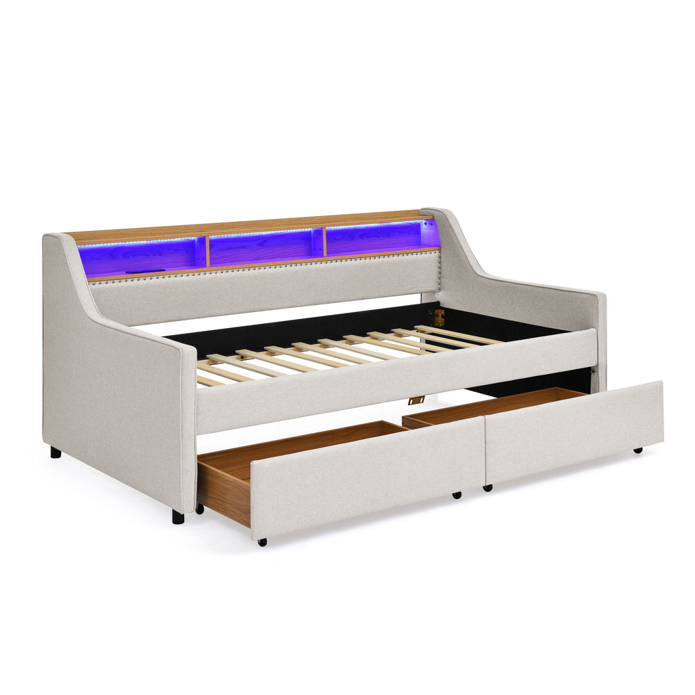 Twin Upholstered Sofa Bed With LED Lights, Storage Drawers, Adjustable Headboard & Wireless Charging - Beige