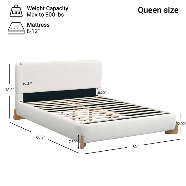 Queen Size Upholstered Bed With 12 Slats Support - White