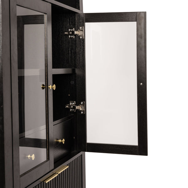 Fluted Tall Arched Pantry Cabinet With Adjustable Shelves, Glass Door & Hidden Drawer For Kitchen