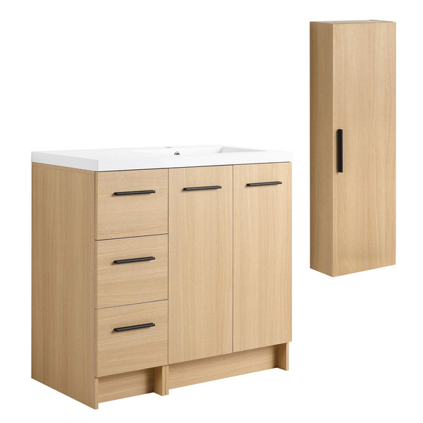 Freestanding Bathroom Vanity Set With Tall Linen Cabinet, 3 Drawers And Large Storage, Single Sink