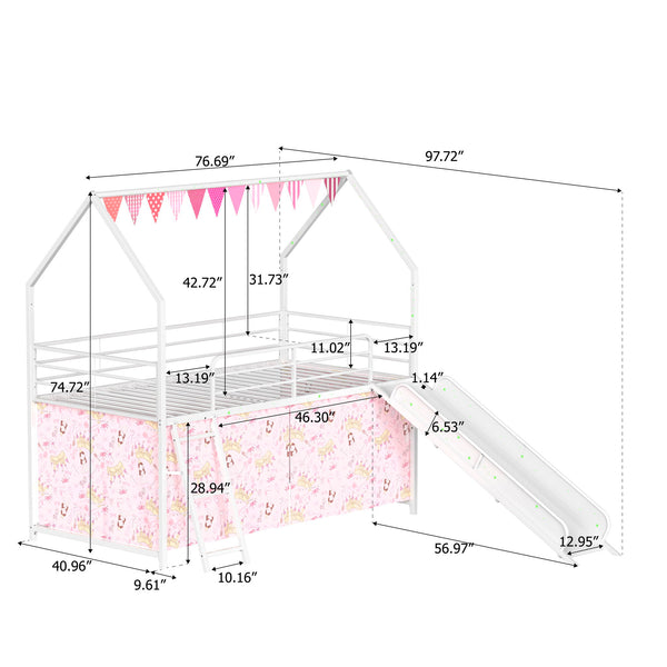 Jack - House Loft Bed With Slide And Curtain Set