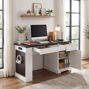 Modern Fluted Office Desk With Storage Cabinet
