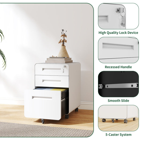 3-Drawer Mobile File Cabinet With Lock, On Casters, Holds A4/Letter Files