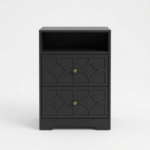 Nightstand With Diamond Carvings Handles, 2 Drawers & Charging Station
