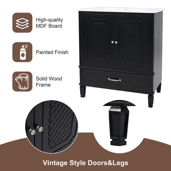 Vintage Style 30" Bathroom Vanity With Sink, Multi Functional Storage, Soft Closing Door - Black