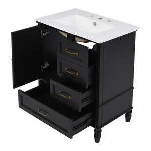 30" Bathroom Vanity With Sink, 3 Drawers, Adjustable Feet