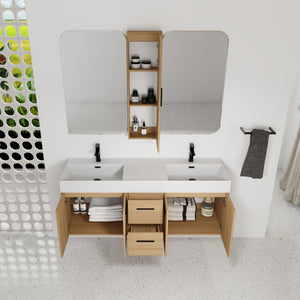 Floating Double Sink Bathroom Vanity Set With Tall Linen Cabinet, Drawers And Doors, Extra Large Storage, Integrated Sink, Soft Close Hardware - Glossy White / Light Oak