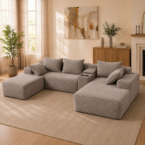 U-Shaped Modular Sofa With Cup Holders And Storage For Living Rooms - Coffee