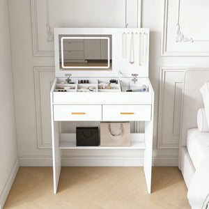 Flip Top Vanity Desk With LED Mirror & Outlet Makeup Table With 2 Drawers, Open Storage, And Jewelry Hooks - White