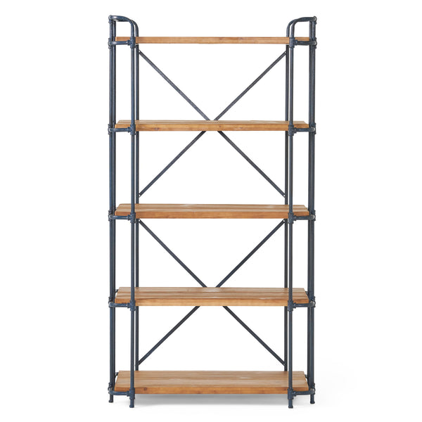 Yorktown - Industrial 5 Shelf Bookcase With Metal Pipework And Solid Fir - Natural