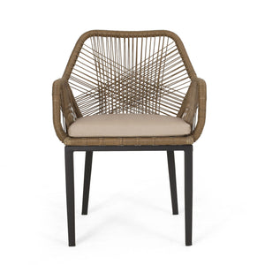 Modern Wicker Dining Club Chair With Water Resistant Cushions - Brown / Beige