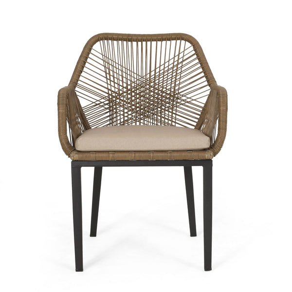Modern Wicker Dining Club Chair With Water Resistant Cushions - Brown / Beige