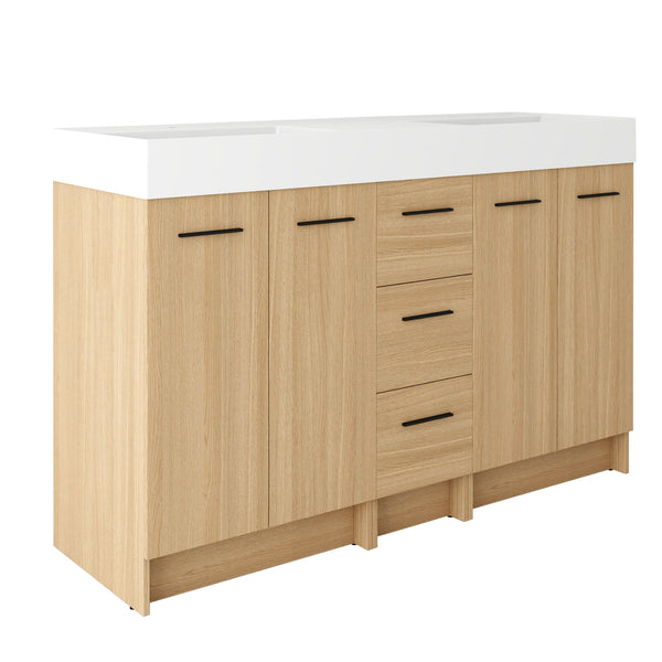 Double Sink Bathroom Vanity With 3 Drawers, Large Storage, Integrated Sink, Freestanding Cabinet, Soft Close Hardware - Glossy White / Light Oak