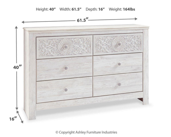 Paxberry - Six Drawer Dresser - Medallion Drawer Pulls - Whitewash