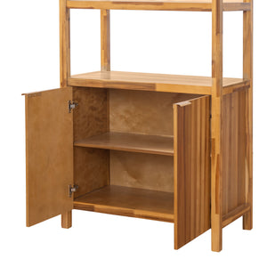 Tall Storage Bookcase Cabinet With 2 Open Shelves & Double Doors, Freestanding Shelving Unit - Natural